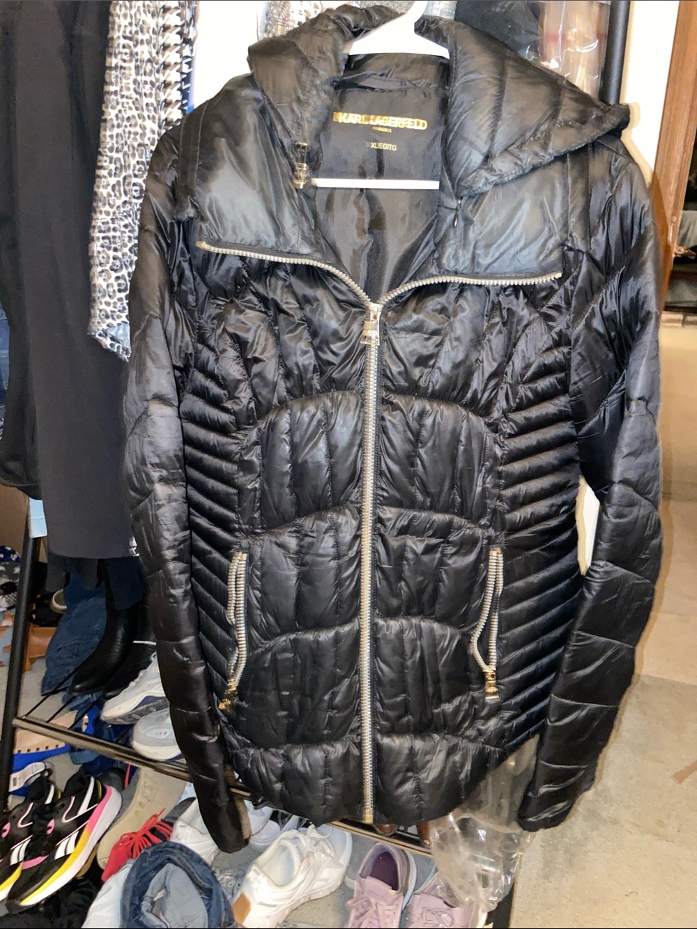 Karl Lagerfeld Black Shiny Quilted Hooded Puffer Jacket